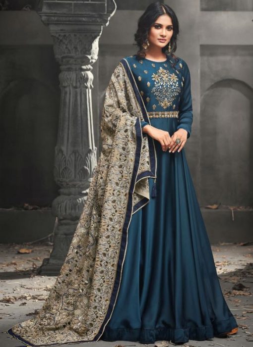 Magnificent Teal Blue Satin Silk Designer Party Wear Anarkali Suit