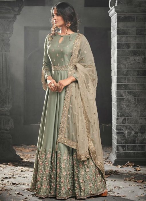 Charming Beige Satin Silk Party Wear Designer Anarkali Suit