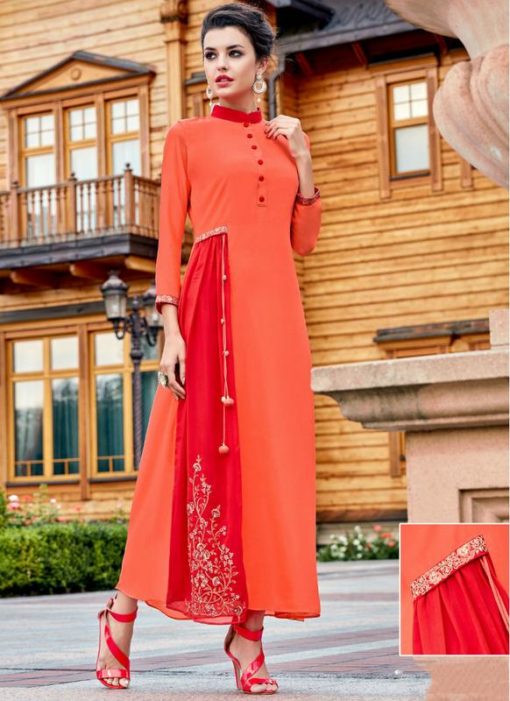 Monumental Orange And Red Georgette Party Wear Designer Kurti