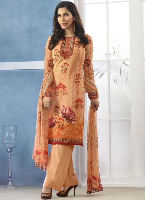 Dazzling Orange Georgette Digital Printed Designer Salwar Suit