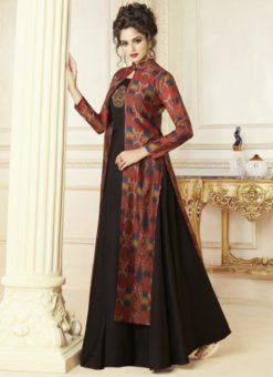 Superb Black And Maroon Cotton Designer Party Wear Gown