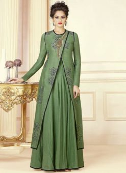 Dazzling Green Cotton Embroidered Work Designer Gown