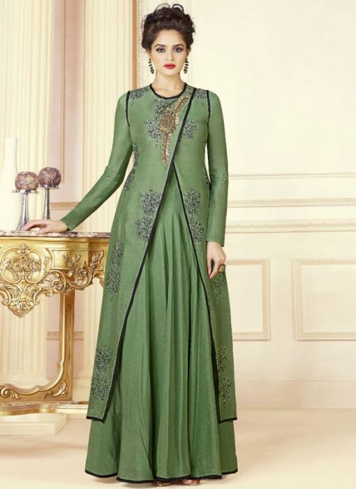 Dazzling Green Cotton Embroidered Work Designer Gown