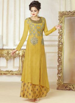 Glowing Yellow Cotton Printed Designer Party Wear Gown