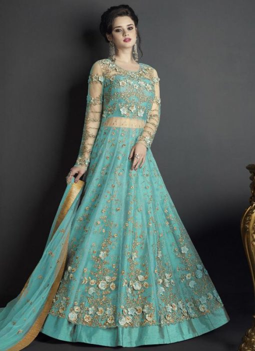 Beautiful Turquoise Blue Embroidered Work Designer Anarkali Suit
