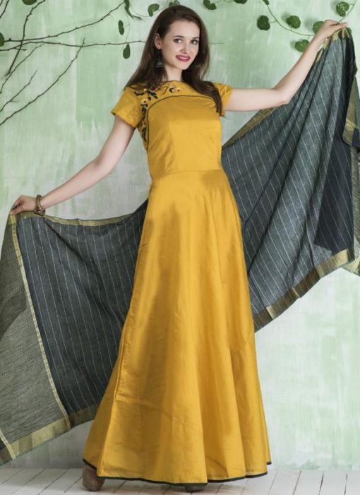 Elegant Yellow Chanderi Silk Party Wear Anarkali Suit