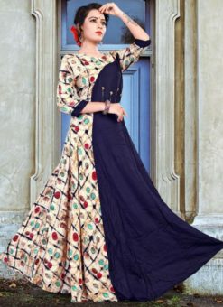 Lovely Blue And Cream Cotton Party Wear Designer Kurti