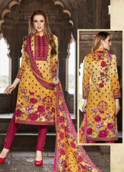 SareeBuzz Yellow & Pink Colored Cambric Cotton Salwar Suit