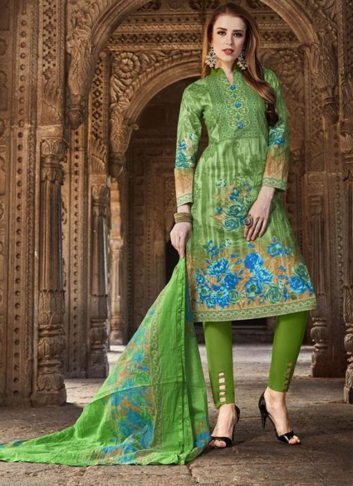 SareeBuzz Green & Blue Colored Cambric Cotton Salwar Suit