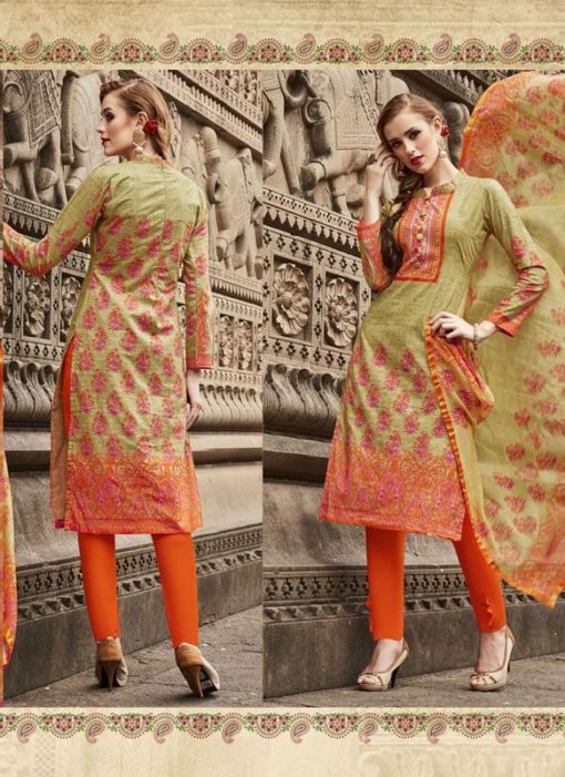 SareeBuzz Light Yellow & Orange Colored Cambric Cotton Salwar Suit