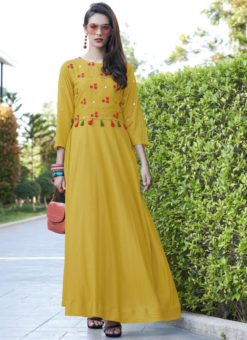 Alluring Yellow Silk Printed Designer Party Wear Kurti