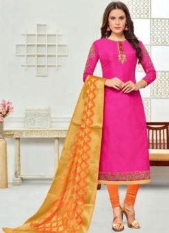 Elegant Pink Chanderi Cotton Embroidered Work Churidar Salwar Kameez