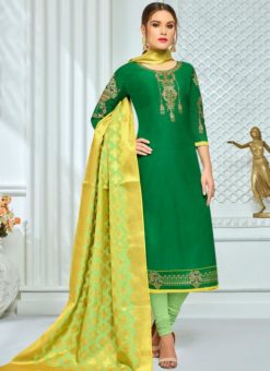 Attractive Green Chanderi Cotton Embroidered Work Churidar Salwar Kameez
