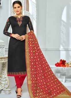 Luxurious Black Chanderi Cotton Embroidered Work Churidar Salwar Kameez