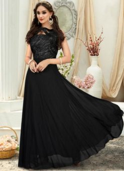 Elegant Black Jacquard Embroidered Work Party Wear Gown