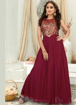 Attractive Red Jacquard Embroidered Work Designer Gown