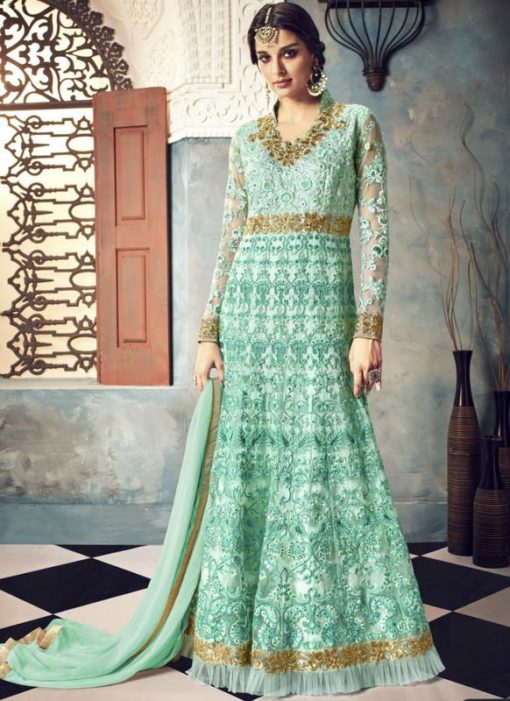 Superb Green Net Designer Embroidered Work Party Wear Anarkali Salwar Kameez