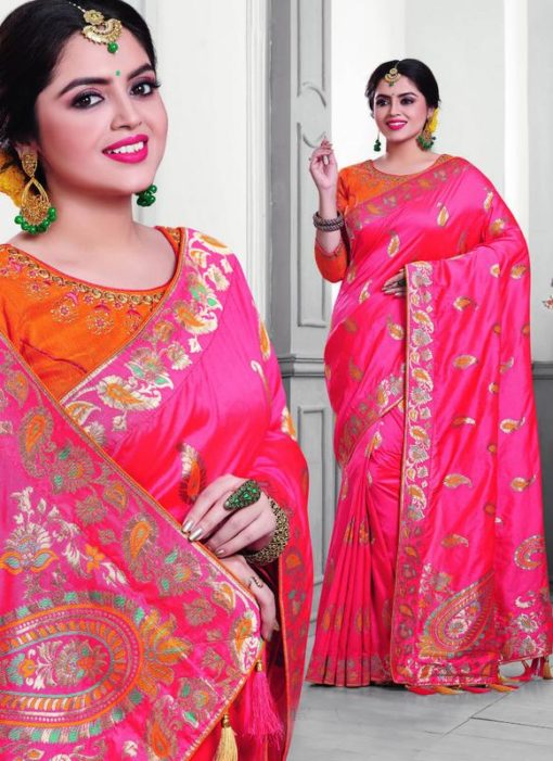 Beautiful Pink Silk Zari Print Designer Saree