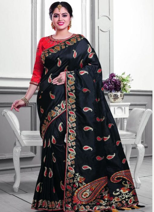 Elegant Black Silk Zari Print Designer Saree