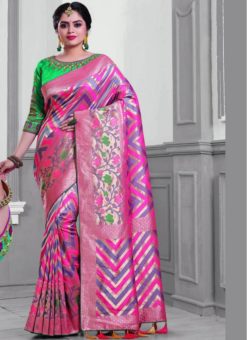 Attractive Grey And Pink Silk Designer Saree