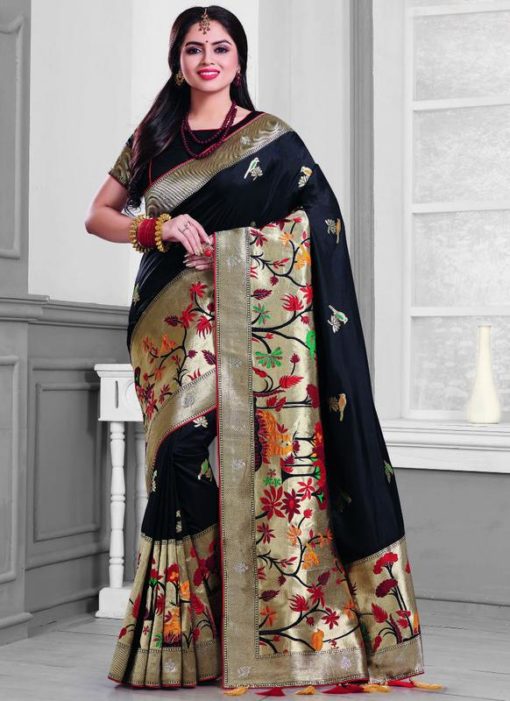 Alluring Black Silk Zari Print Designer Saree