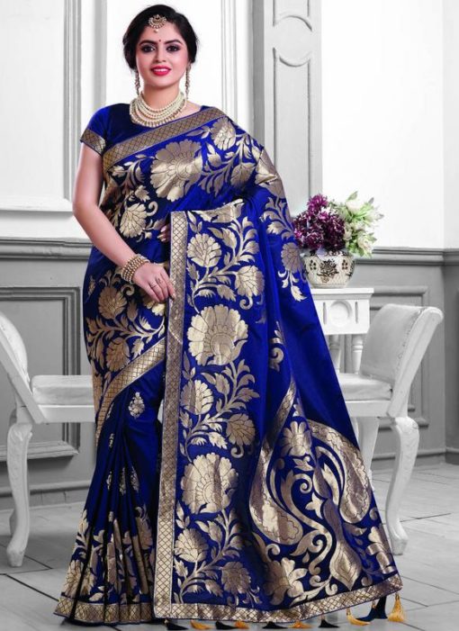 Lovable Blue Silk Zari Print Designer Saree