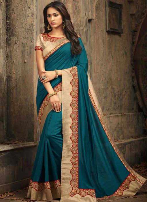 Attractive Blue Silk Embroidered Work Designer Saree