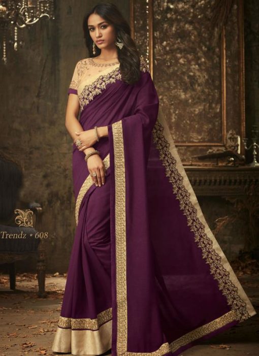 Superb Purple Silk Embroidered Work Designer Saree