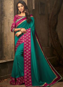 Excellent Green Silk Designer Embroidered Work Wedding Saree