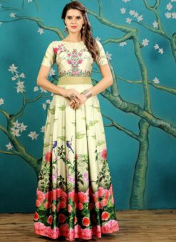 Alluring Green Silk Printed Designer Gown