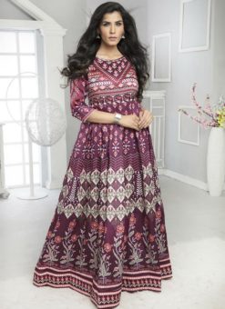 Glorious Purple Silk Printed Designer Party Wear Gown