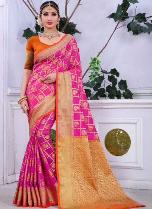 Lovely Pink Banarasi Jacquard Zari Print Saree