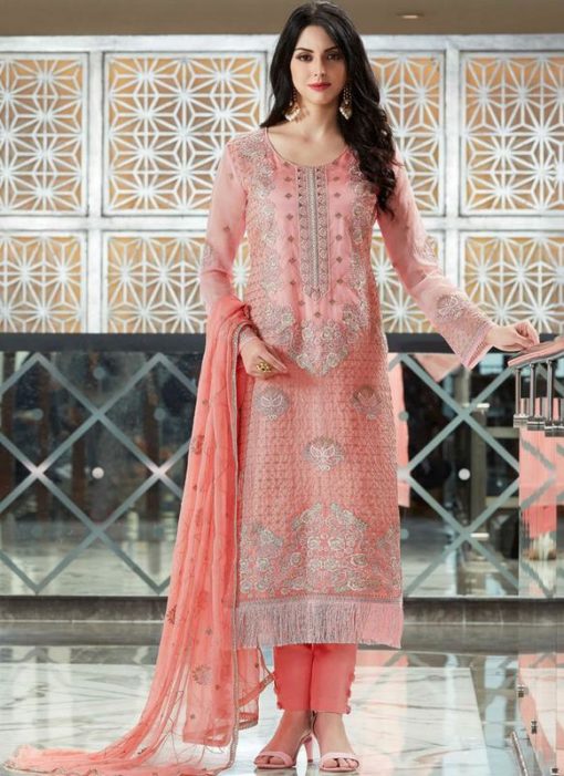 Amazing Pink Organza Silk Embroidered Work Straight Salwar Kameez