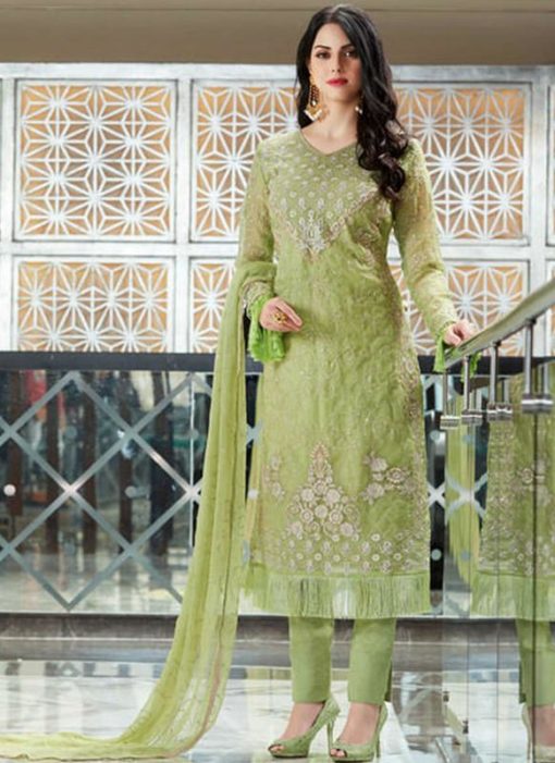 Alluring Green Organza Silk Embroidered Work Designer Straight Salwar Kameez