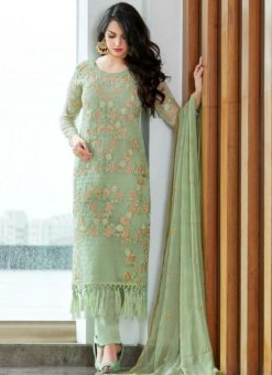 Attractive Green Organza Silk Designer Embroidered Work Straight Salwar Kameez