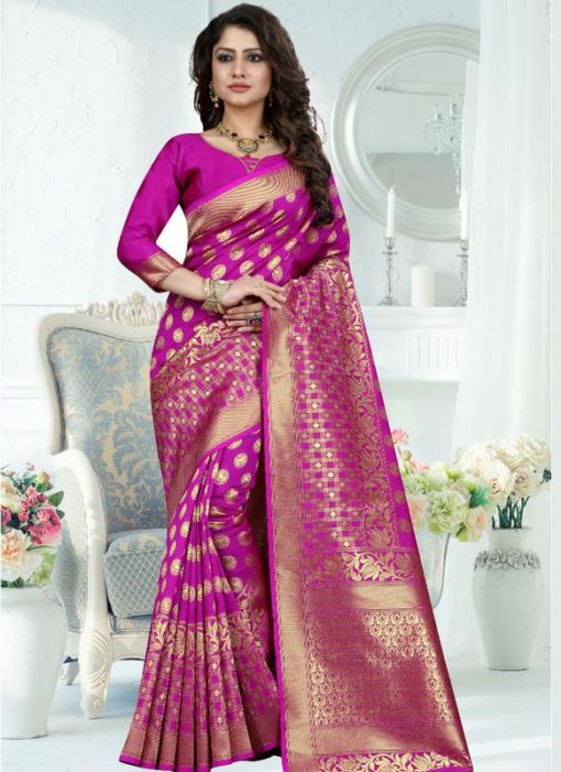 Glorious Pink Silk Zari Print Designer Saree