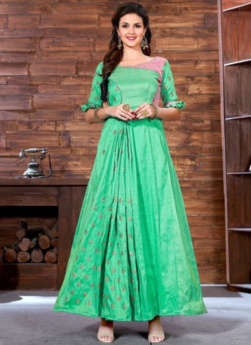 Lovable Green Silk Embroidered Work Designer Gown