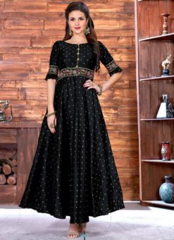 Attractive Black Silk Printed Designer Party Wear Gown