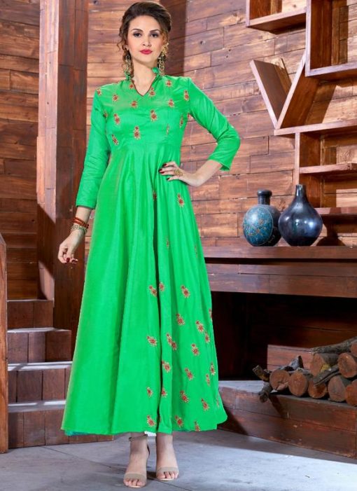 Irresistible Green Silk Zari Work Designer Party Wear Gown