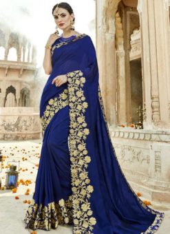 Lovely Royal Blue Silk Embroidered Work Designer Saree