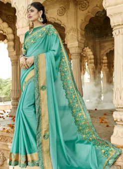 Amazing Turquoise Blue Silk Designer Wedding Saree