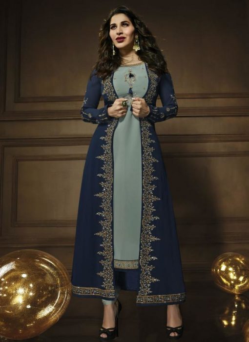 Amazing Blue Georgette Designer Embroidered Work Jacket Anarkali Salwar Kameez