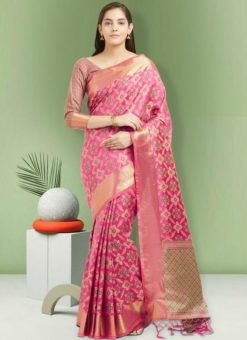Lovely Pink Art Silk Zari Print Traditional Saree