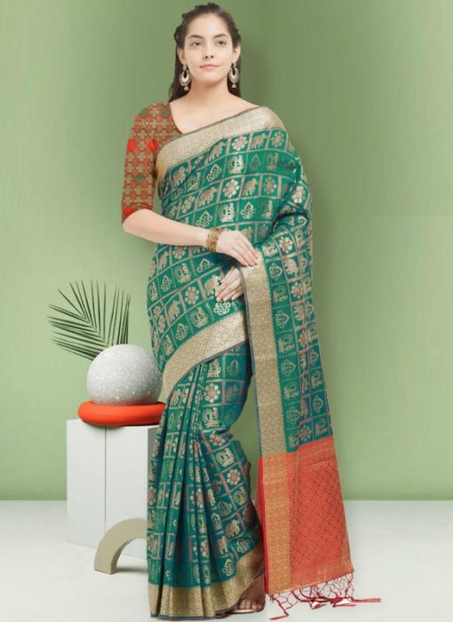 Superb Teal Green Art Silk Zari Print Traditional Saree