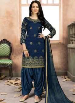 Elegant Navy Blue Art Silk Designer Patiyala Salwar Kameez