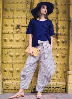 Royal Blue Color Fornt Pleated With Round Neck Crop Top