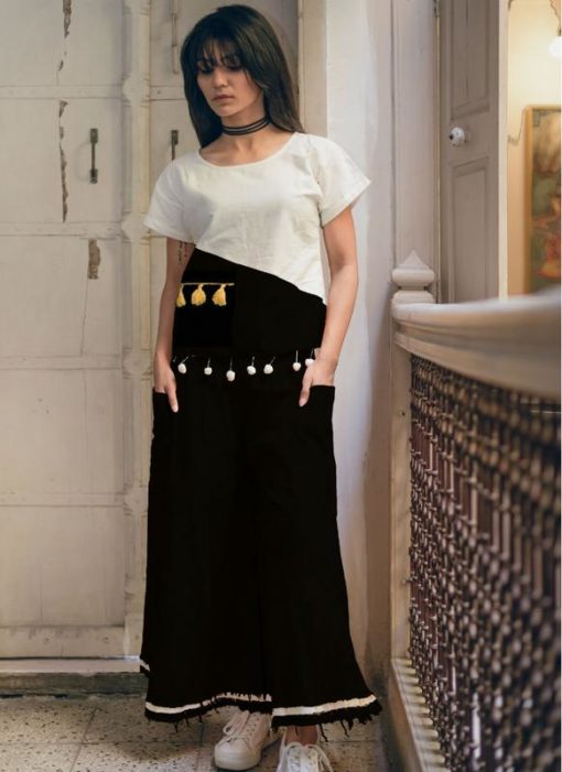Elegant White And Black Khadi Cotton Designer Western Top