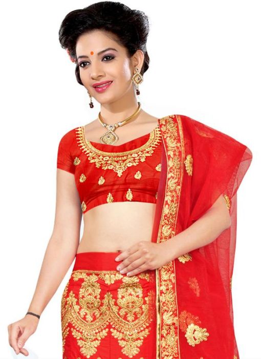 Attractive Red Silk Embroidered Work Wedding Lehenga Choli
