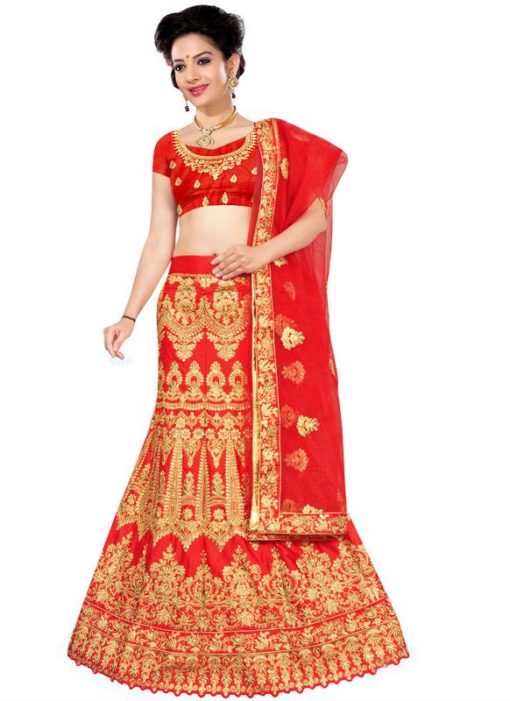 Attractive Red Silk Embroidered Work Wedding Lehenga Choli