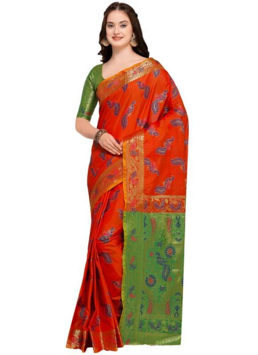 Amazing Red Silk Designer Jacquard Print Traditional Saree